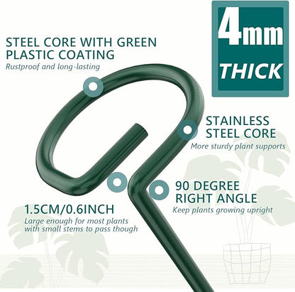 MAFONE 12 Pack 16inch Plant Support Stakes, Plant Stick Garden Single Stem Flower Support Stake Plant Cage Support Rings with 20pcs Plant Clips and Plant Ties for Tomato Orchid Lily Peony Rose Bean