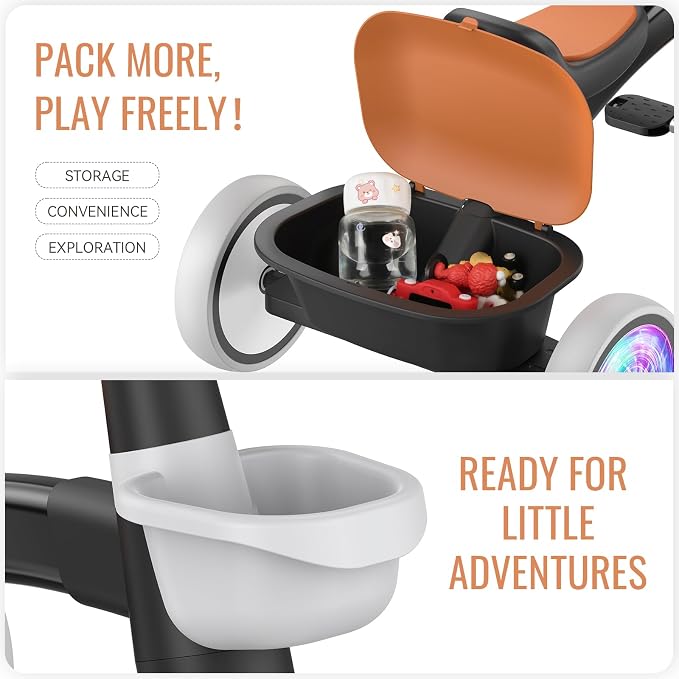 SEREED Colorful Lighting Toddler Tricycle for 2-5 Years Old Boys, Adjustable Seat&Handlebar Trike, Removable Basket, Birthday Gift Idea for Kids Ages 2+ (Black)