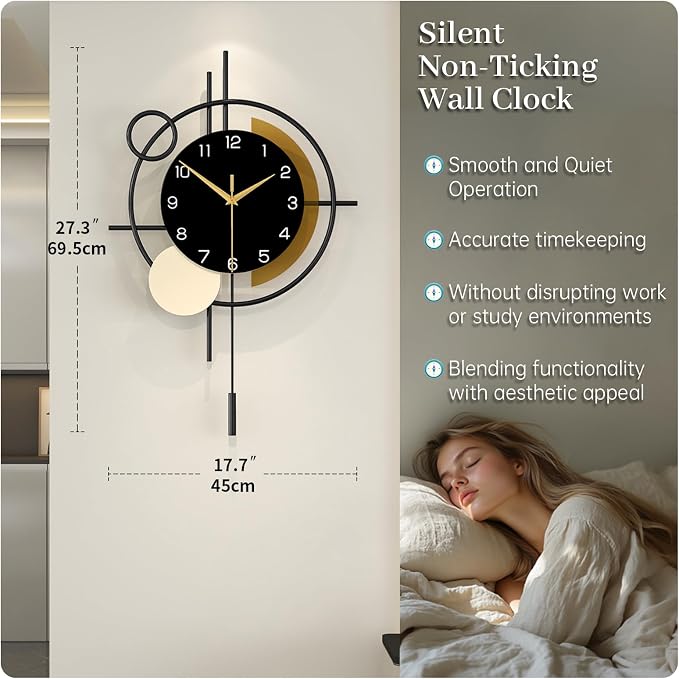 Large Wall Clock for Living Room Decor Modern Wall Clock with Pendulum Silent Quartz Battery Operated Metal Decorative Clock for Dining Room,Kitchen,Home,Bathroom,Bedroom,17.7x27.3 in