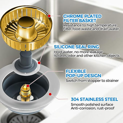 zaa 3 in 1 Kitchen Sink Drain Strainer Stopper Removable Basket Pop-Up | Kitchen Sink Accessories 1 Pack Gold Stainless - Food Catcher, Odor-Blocking Seal, Fits 3.5" Drain