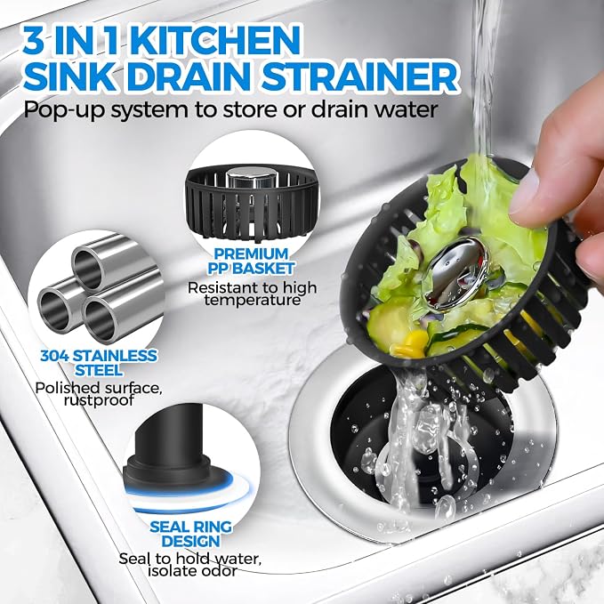 3 in 1 Kitchen Sink Drain Strainer Stopper Removable Basket Pop-Up | Kitchen Sink Accessories 3 Pack Black Stainless - Food Catcher, Odor-Blocking Seal, Fits 3.5" Drain, Easy Clean