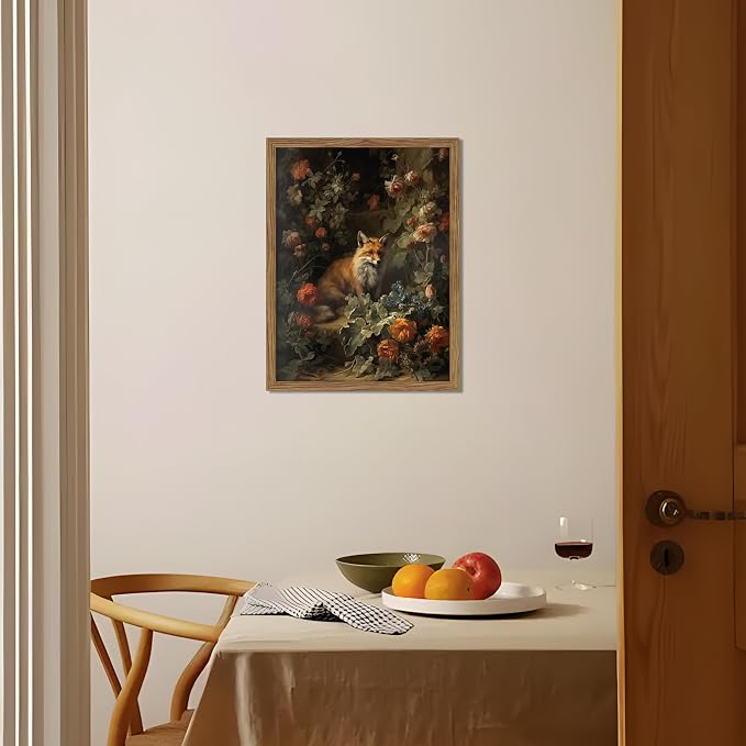 Vintage Fox Canvas Wall Art, Dark Academia Floral Decor, Nature Botanical Animal Painting, Farmhouse Fox Picture Print, Aesthetic Wall Decor for Living Room Bedroom 12x16 inch Wood Framed