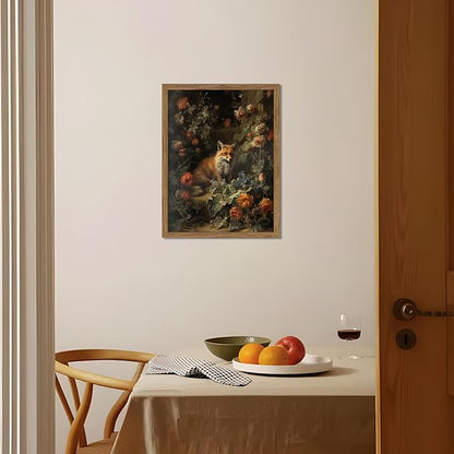 Vintage Fox Canvas Wall Art, Dark Academia Floral Decor, Nature Botanical Animal Painting, Farmhouse Fox Picture Print, Aesthetic Wall Decor for Living Room Bedroom 12x16 inch Wood Framed