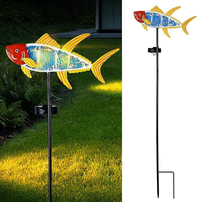 Yiosax-Solar Outdoor Lights Decorative-Yard Outdoor Decorative - Garden Stakes Fish Decorative Waterproof 7 LED Light Decor Ocean Beach Theme for Lawn Path Yard Decoration Gift Idea