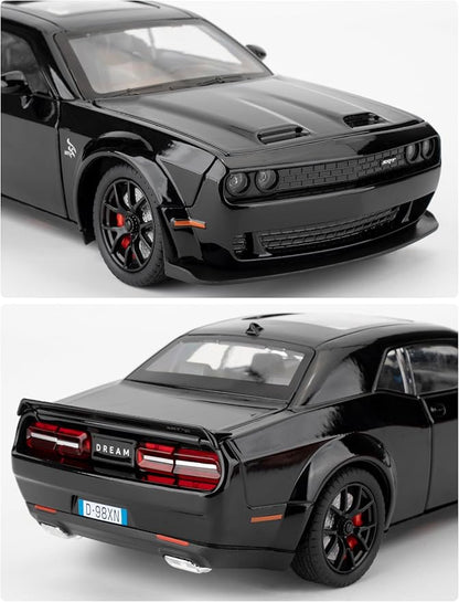 Compatible for 1/24 Dodge Challenger SRT Hellcat Car Model, Collectible Die-Cast Model Car with Lights and Sounds,Pull Back Car Toy for Adults Kids Birthday Gifts Decoration (Black)