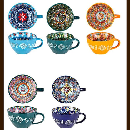 Bohemian Hand-Painted Ceramic Mug, 15 Oz Large Coffee Cup for Milk, Tea, and Breakfast, Dishwasher & Microwave Safe Artisan Cup, Baby Blue