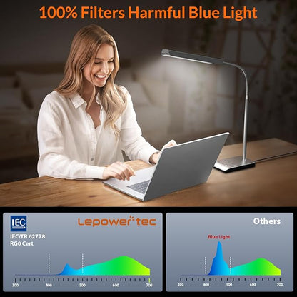 LED Desk Lamp, 12W Reading Desk Lamp for Office Home with 60 Lighting Modes, Touch Control & Timer Function, 750LM Bright Eye-Caring Gooseneck Desk Light Table Lamp for Study, Work, Silver