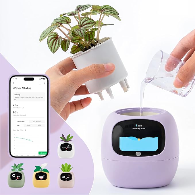 Smart Plant Pot with Visual Display – Soil Moisture, Water Level, Light & Battery Monitor, 80ml Self-Watering Reservoir, Supports 50+ Plants, Pomodoro Timer, Clock & Calendar (Purple)