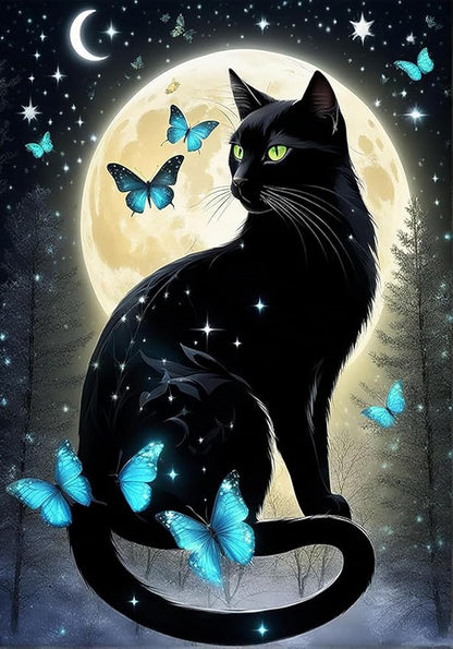 RYMILIE Cat Diamond Art Kits for Adults-Full Moon Diamond Painting Kits for Adults Beginners, 5D DIY Full Drill Round Rhinestone Gem Art Crafts Paintings for Home Wall Decor 12"x16"