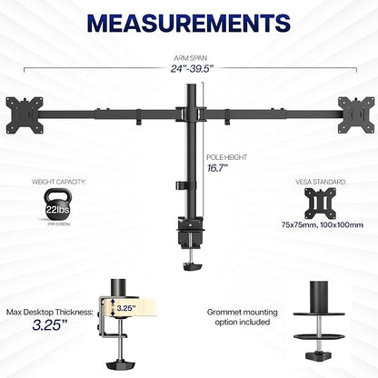 VIVO Premium Dual Ultra Wide LCD LED 27 to 38 inch Monitor Desk Mount, Heavy Duty, Adjustable Telescoping Arms, Flush Wall Setup, Fits 2 Screens, Black, STAND-TS38C