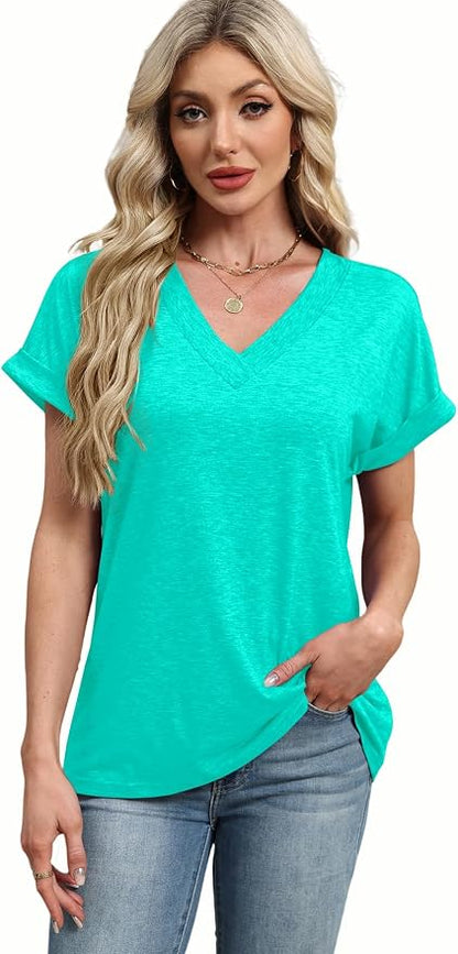T Shirts Short Sleeve V Neck Tees Womens Tops Beach Vacation Fashion Clothes 2026 Casual Summer Spring Fall Outfits