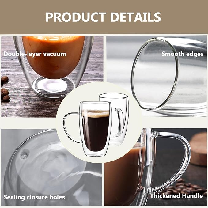 DINGPAI 15 oz Double Walled Glass Coffee Mugs, Large Coffee Mug with Handle | Borosilicate Glass, Insulation, Dishwasher Safe, Clear Glass Cups with Spoon for Latte, Cappuccino, Espresso, Americano