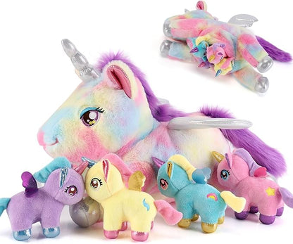 gnomantic Unicorn Stuffed Animals with Babies Inside, Mommy Toy for Kids | 5-Piece set: 1 mommy unicorn + 4 baby unicorns inside. Unzip belly to reveal surprise babies. Ultra-soft, ages 3-8.