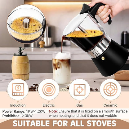 9 Cup 450ml Glass Moka Pot, Stovetop Espresso Maker, Black | Crystal Glass-top & Stainless Steel Coffee Maker, Induction Compatible, for Greca de Cafe, Cuban and Italian Coffee Brewing