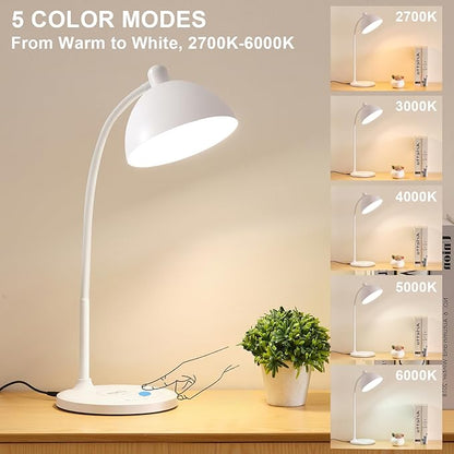 BOHON Desk Lamp, LED Desk Lamp with USB Charging Port, Wireless Charger Desk Light for Home Office, 5 Colors 6 Levels Brightness, Touch Table Lamp for Bedroom Bedside College Dorm Reading, White