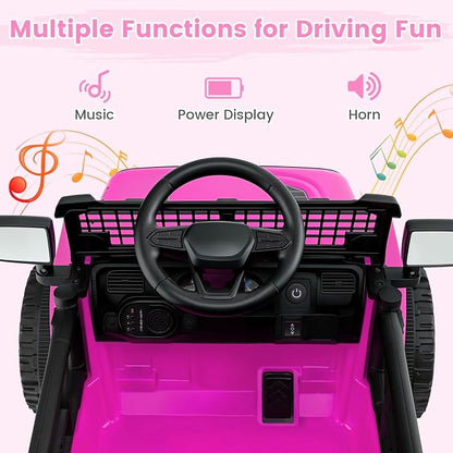 OLAKIDS 12V Ride On Truck, Battery Powered Electric Vehicle for Kids with Remote Control, Foldable Reflective Mirror, Spring Suspension, Music, LED Lights, Ride on Toy for 3+ Boys Girls (Pink)