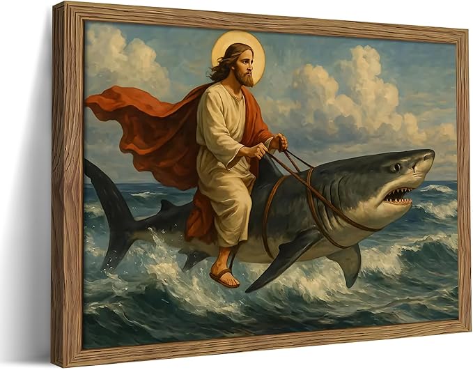 Framed Jesus Riding a Shark Wall Art, Humorous Christian Canvas Print, Fun Jesus Oil Painting, Religious Comedy Wall Decor, Christian Home Decor Gift for Living Room Bedroom Bathroom 16x24 inch