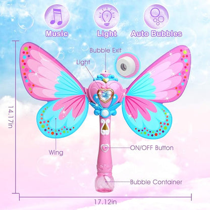 Sitodier Bubble Machine for Kids | Butterfly Bubbles Wand Blower for Toddlers 1000+ Bubbles per Minute | Outdoor Indoor Bubbles Blowing Toys Birthday Gift for Girls Bubble Solution Included