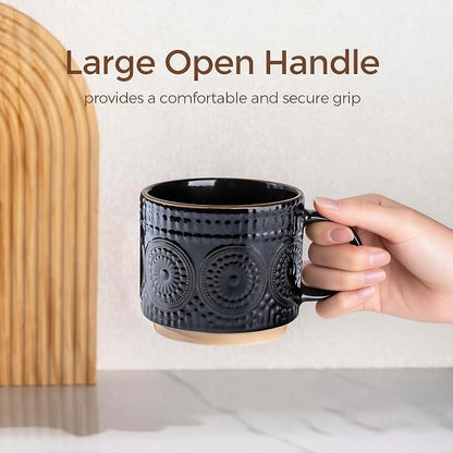 GBhome 12OZ Stackable Coffee Mugs, Ceramic Coffee Mugs with Texture Patterns for Man,Woman,Dad,Mom, Modern Coffee Mugs Set of 4 for Latte/Cappuccino/Cocoa. Dishwasher&Microwave Safe
