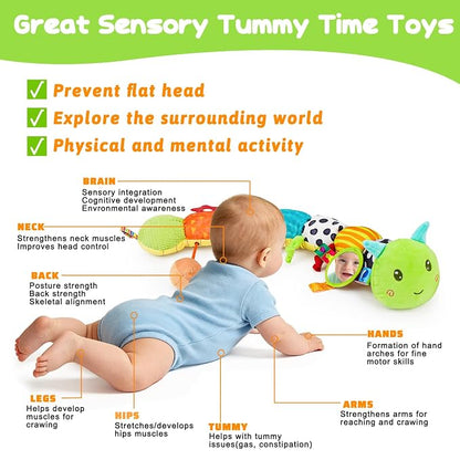 Topsochir Baby Sensory Toys 0-6 Months Music Animal Stuffed Plush Caterpillar Toy for Infant 0-3-6-12 Month Old Tummy Time with Mirror Crinkle Rattle Toys for Newborn Boys Girls Shower Birthday Gifts