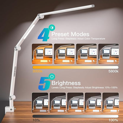 LED Desk Lamp, Desk Light for Home Office, Dual Light Source, Eye-Caring Optical Lens, 5 Color Modes & Brightness, Office Lamp, Clamp Lamp with Timer/Memory Function, 18W Nail Light