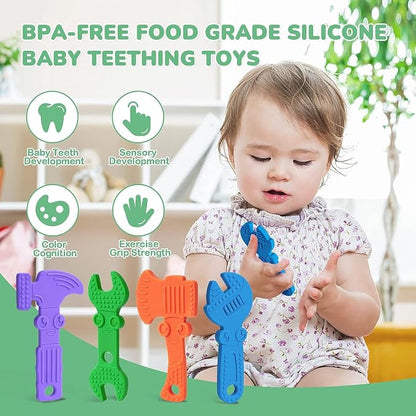 TYRY.HU Baby Teething Toys for Babies, Baby Teether Toys, BPA Free Silicone Baby Molar Teether Chew Toys, Hammer Wrench Spanner Pliers for Boys Girls, Soft-Textured, Easy to Hold & Clean, 4 Packs