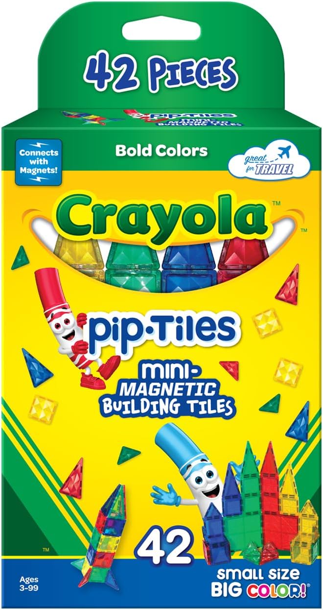 CreateOn Crayola Mini Magnetic PIP-Tiles, Building Set for Kids, Magnetic Building Toys for Kids, STEM Travel Toys for Boys and Girls Ages 3+, 42-Piece Set (Bold)