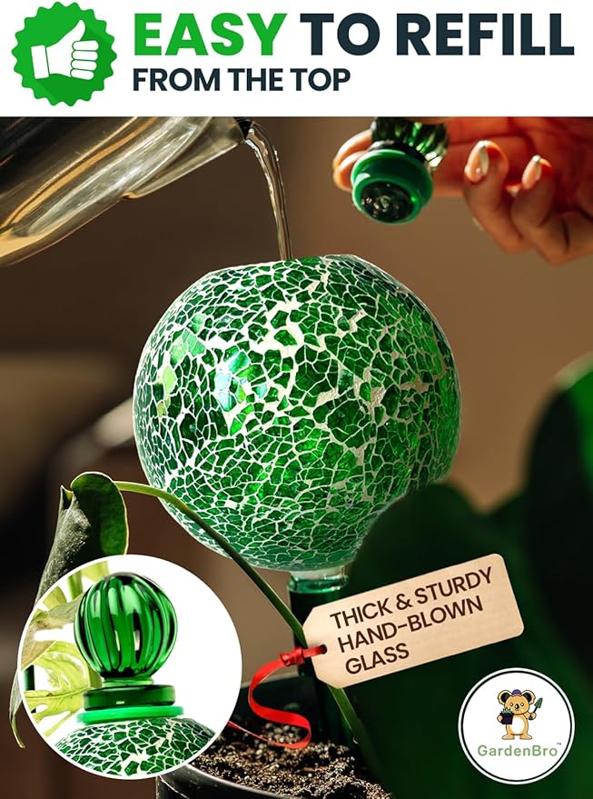 16 Oz Plant Watering Globes for Indoor Plants with Metal Self Watering Planter Insert - Premium XL Glass Hand-Blown Globe - Automatic Plant Waterer Indoor, Gift Idea for Gardeners [1 Globe, Mosaic]