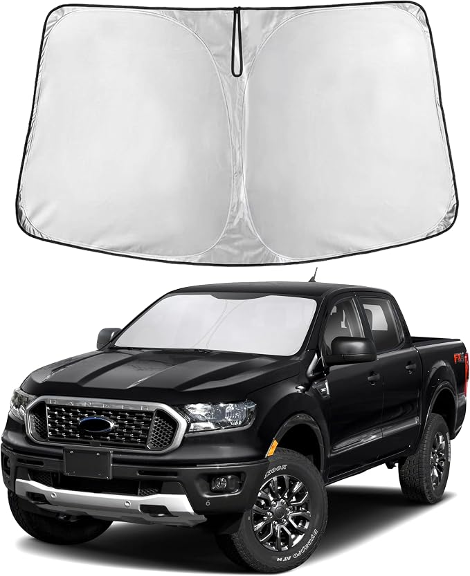 EcoNour Windshield Sun Shade Compatible for Ford Ranger (2019–2024) | Front Window Shade for Midsize Pickup Truck | 4-Layer, 240T Sunshade Accessories | UV & Heat Reflector for Ranger Windshield