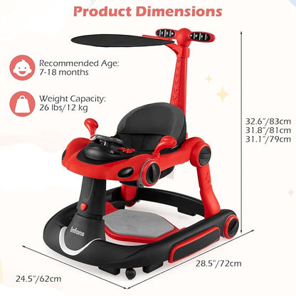 INFANS 6-in-1 Foldable Baby Walker, Converts Push Car to Bouncer, Rocker with Music, Lights, Adjustable Height & Speed, Activity Center, Canopy for 7-18 Months (Red)