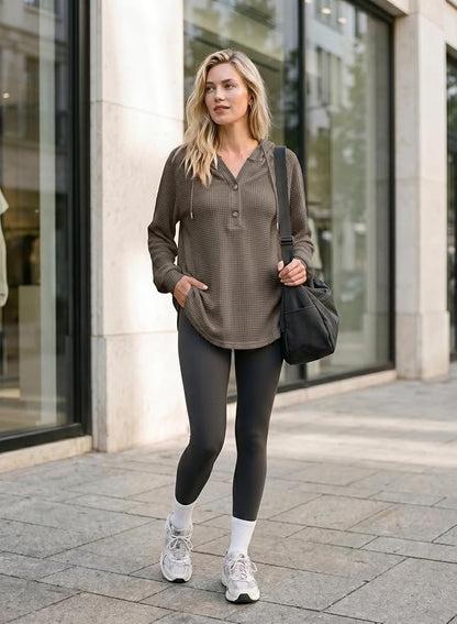 Dokotoo Hoodies for Women Waffle Knit Long Sleeve Drawstring Button V Neck Casual Sweatshirt Hooded Tops Fashion Clothing