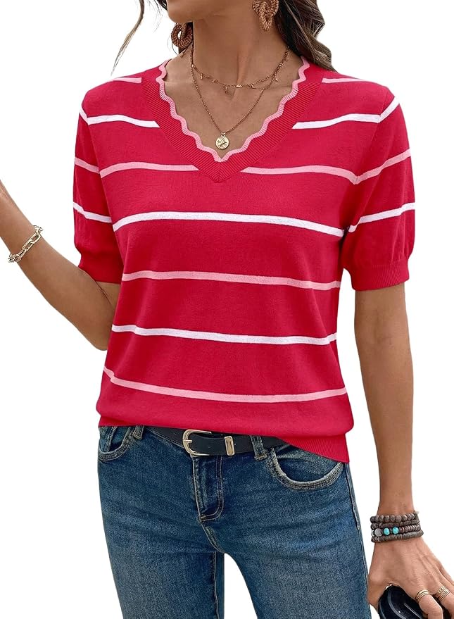 Dokotoo Womens Summer Short Sleeve Knit Tops 2026 Spring Trendy Casual V Neck Striped Sweater Blouses