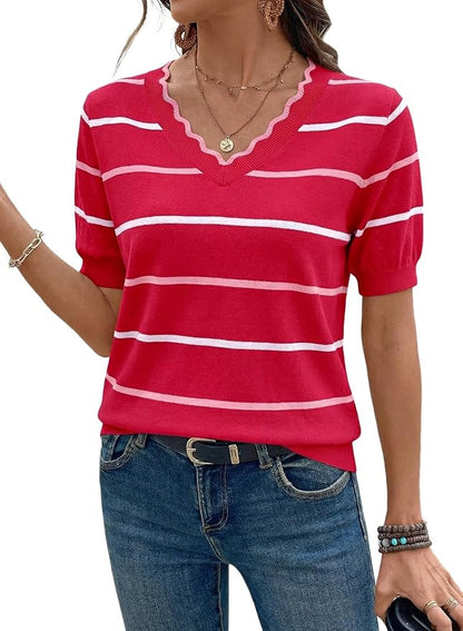 Dokotoo Womens Summer Short Sleeve Knit Tops 2026 Spring Trendy Casual V Neck Striped Sweater Blouses