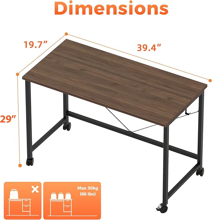 Mericonia 39x20 Inch Computer Desk with Wheels, Small Simple Rolling Desk | Writing Table for Home Office Bedroom Work Study, Walnut