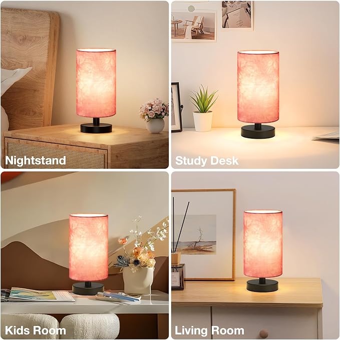 Fenmzee Small Table Lamps(Pink Shade - Black Base, 9" Inline Control) | 3000K LED Blub Included | 680 Lumens | Easy Assembly | Minimalist Design | E26 | for Kitchen | for Kids Room