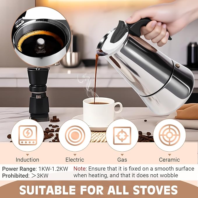 9 Cup Stainless Steel Moka Pot, 450ml Stovetop Espresso Maker, Silver