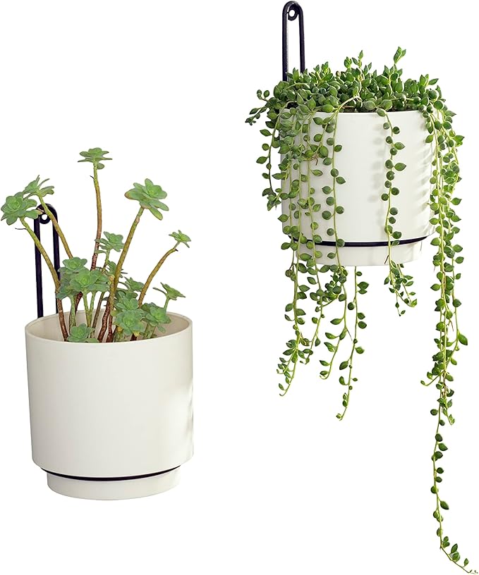 2 Pcs Wall Mounted Hanging Planter Vase for Indoor and Outdoor Plants Modern Metal Wall and Ceiling Planter Minimalist Flower Pot (White, 5.91 inch)