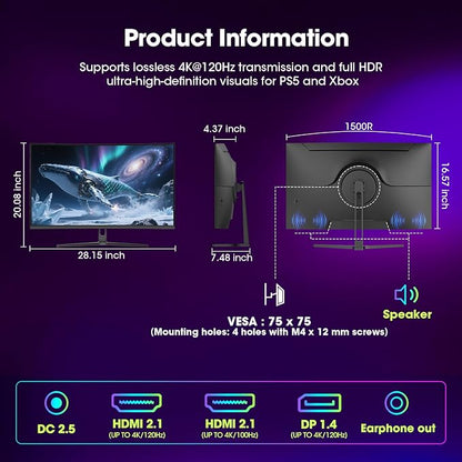 Amzfast 32" 4K 120Hz 1ms Curved Gaming Monitor, 3840x2160 UHD, PIP/PBP, Adaptive Sync, 130% sRGB, 3000:1 Contrast, HDR, 300nits, 1500R, HDMI2.1(VRR)& DP1.4, Built-in Speaker, Eyes Care, VESA Mount