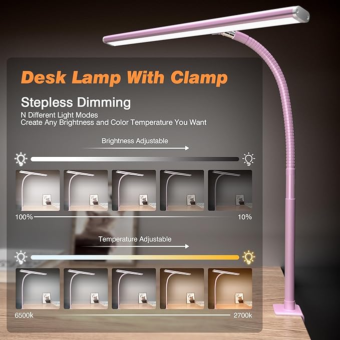 Airlonv LED Desk Lamp for Office Home, Eye-Caring Desk Light with Stepless Dimming Adjustable Flexible Gooseneck, 10W USB Adapter Desk Lamp with Clamp for Reading, Study, Workbench (Pink)