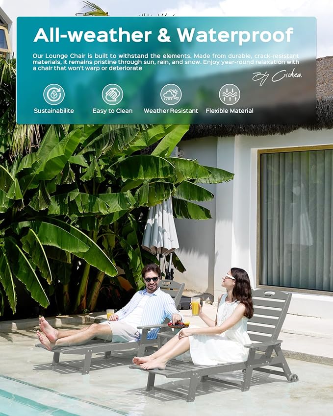 Outdoor Lounge Chair Set of 4, All Weather Patio Chaise Lounge Chairs for Outside, HDPE Chair with Rolling Wheels & Cup Holder, 5 Position, Deck, Pool, Grey
