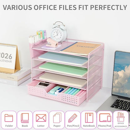 LEKETREE Desk Organizers and Accessories, 5-Tier Paper Letter Tray Organizer with Drawer & 2 Pen Holders, Desktop Organizer for Office Supplies (Pink)