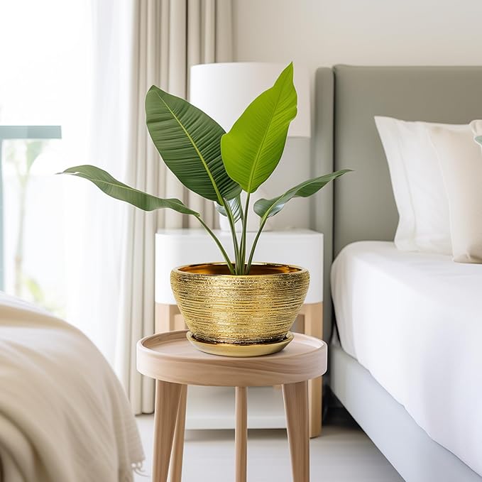 Ceramic Plant Pot Indoor - 9 Inch Planters for Outdoor Plants Decorative Plant Pot with Drainage Hole and Saucer Round Planter Modern Flower Pot Decorative for House Decor Gold
