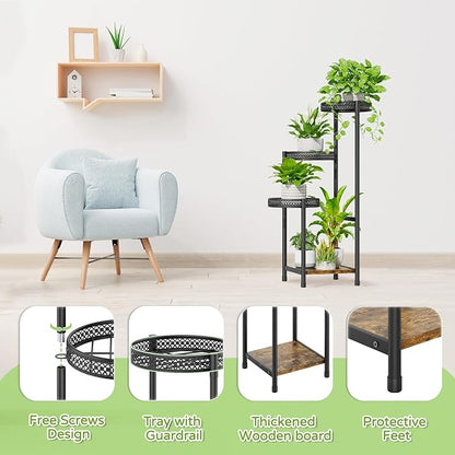 Plant Stand Indoor Outdoor, 4 Tier Metal Flower Pot Shelf Holder Clearance, Tall Corner Rack for Multiple Plants, Modern Organizer Display for Patio Orchid Office Porch Living Room Garden, Black