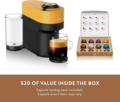 Nespresso Vertuo Pop+ Coffee Machine with Milk Frother, Mango Yellow | Yellow coffee and espresso maker by De'Longhi with compact design. Aeroccino3 frother bundle for hot or cold foam drinks.
