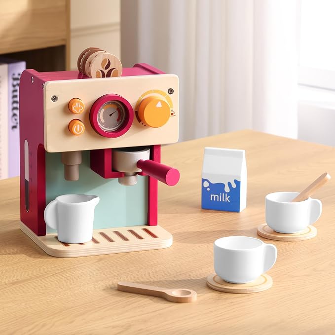 GAGAKU Wooden Coffee Machine Toy for Toddlers, Montessori Learning Toys for 3 4 5 Year Old Girls & Boys, Realistic Pretend Play Kitchen Accessories with Espresso Maker & Latte Art Set
