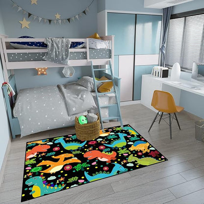 Dino Rugs for Boys Room Kids Play Rug Dinosaur Play Rug Dinosaur Carpet Dinosaur Rug Dinosaur Cartoon Carpet for Boys and Girls Bedroom Classroom,Black 4'5''×6'