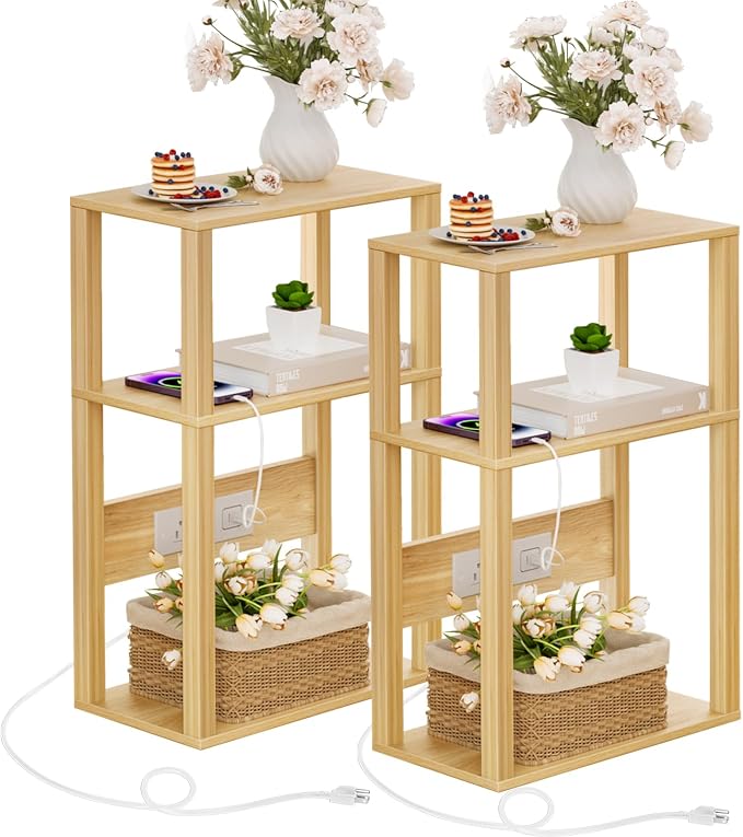 YUFAM 3 Tier Small Narrow Bamboo Side Table Set of 2 with Charging Station - Skinny Nightstand for Small Spaces, Slim Bedside Table with USB Ports and Outlets - Thin End Table with Storage, Natural