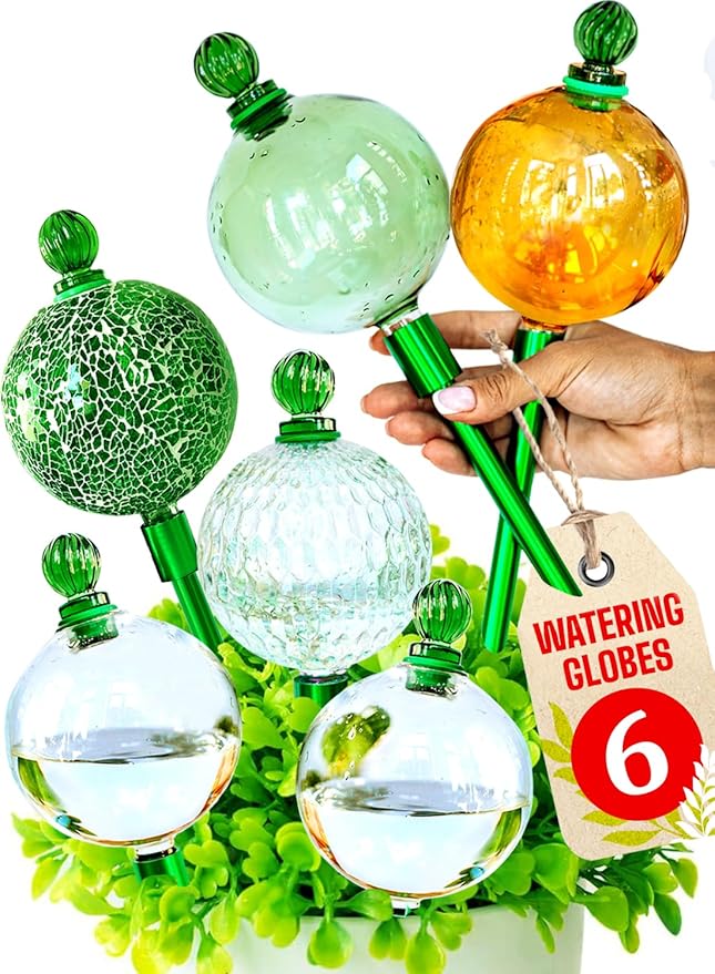 6pcs 16 Oz Plant Watering Globes for Indoor Plants with Metal Self Watering Planter Insert - Premium XL Glass Hand-Blown Globes - Automatic Plant Waterer Indoor, Gift Idea for Gardeners [6 Globes]