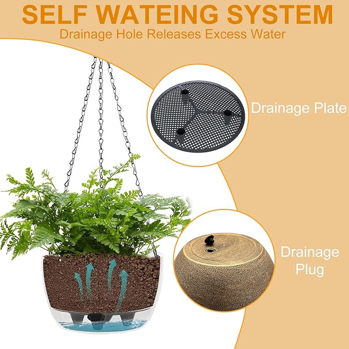 2 Packs Hanging Planters Basket for Outdoor Plants, Solar Powered Self Watering Copper Round Plastic Flower Pots with Drainer for Balcony Patio Garden Outdoor Decoration
