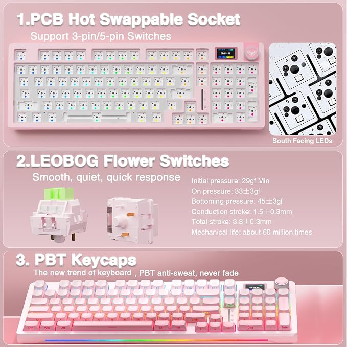 AULA S98 Pro Wireless Mechanical Keyboard with Screen & Knob,2.4GHz/USB-C/BT5.0 Hot Swappable Pink Creamy Keyboard,Pre-lubed Linear Switches,Side Printed PBT Keycaps,RGB Backlit Gaming Keyboards